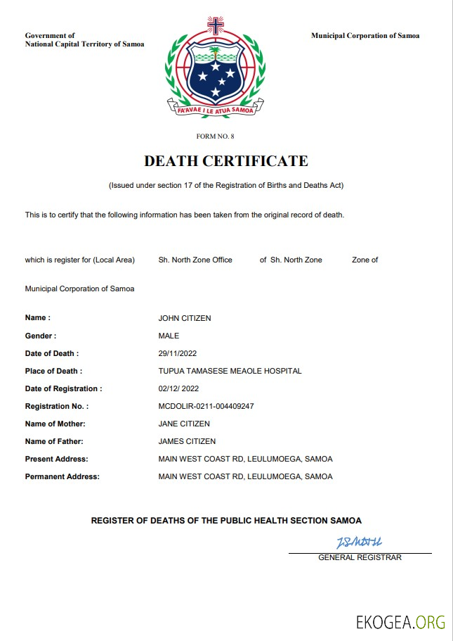 Modèle Word et PDF de certificat de décès des Samoa